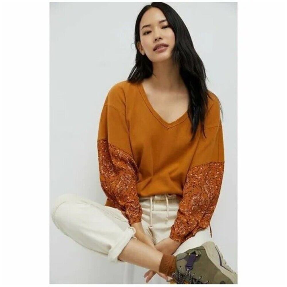 ANTHROPOLOGIE Annette Floral Print Sleeve Waffle Knit Top Size XS Women